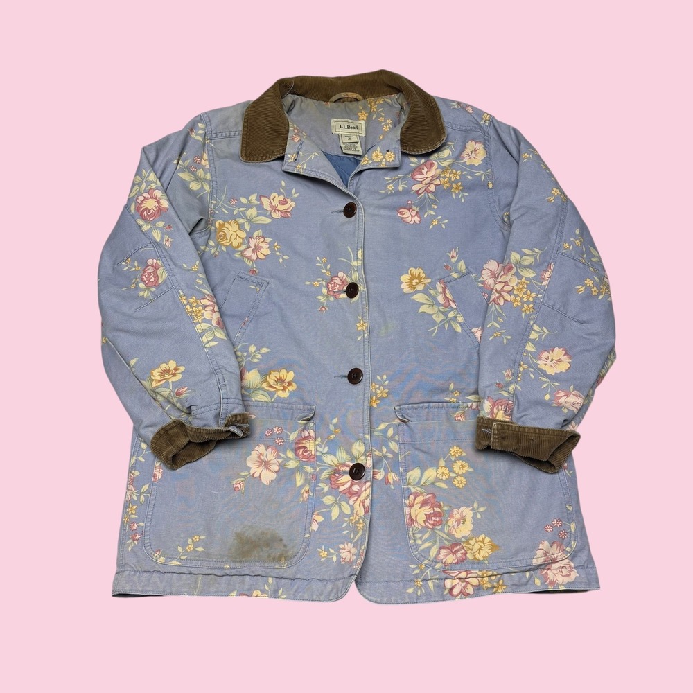LL Bean Women M Blue Floral Canvas Barn Coat Corduroy Trim Quilted Lining Jacket